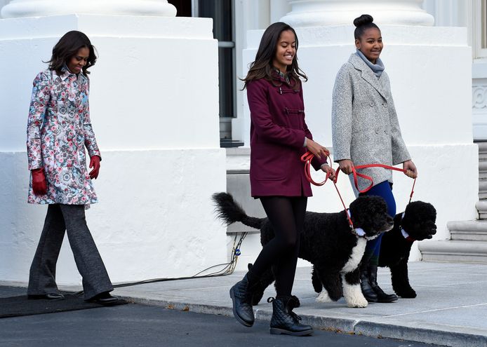 Michelle Obama and her daughters Malia (male) with Bo and Sasha with Sunny in November 2014.