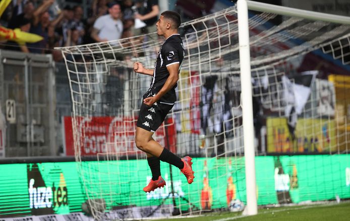 Charleroi player Anas Al-Zarouri celebrates after scoring a goal during a football match between Sporting Charleroi and Royal Antwerp, on Friday, August 13, 2021 in Charleroi, on the fourth day of the Belgian Champions League 2021-2022.  BELGA Photo Virgin Levor