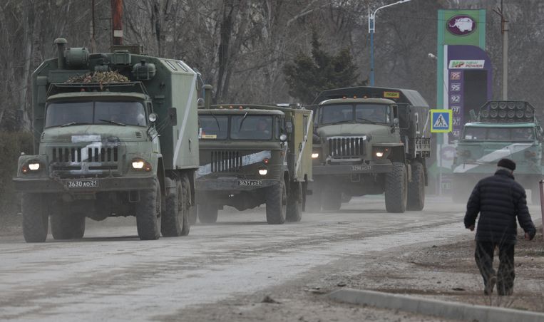 Russian military vehicles in Crimea, annexed by Russia in 2014. Vehicles are marked with the letter Z, like all forces advancing from the south.  Vehicles passing through North and East have different signs such as a triangle or the letter D. Image REUTERS