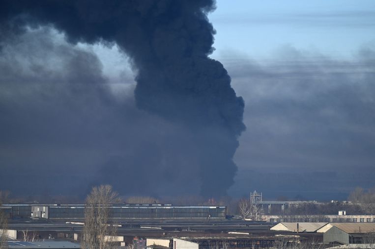 Black smoke billows from Chugoyev Military Airport near the Ukrainian city of Kharkov.  AFP photo