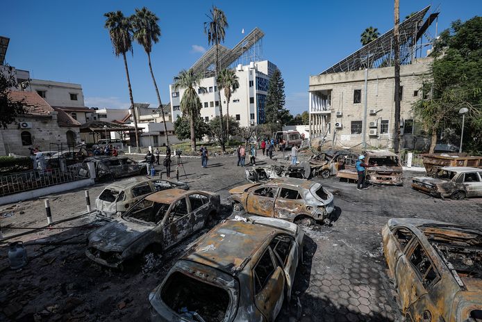 Cars burned at Al-Ahli Hospital in Gaza City.