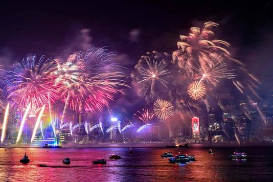 Fireworks over Victoria Harbor in Hong Kong.