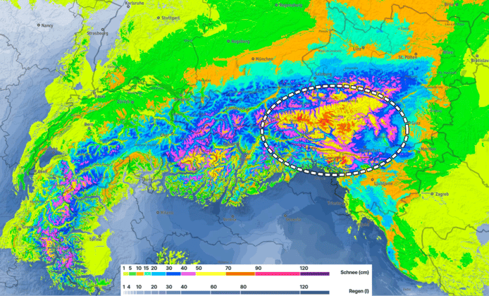 In the southeastern Alps, between 50 and 100 cm of snow may fall in the coming days, and perhaps more.