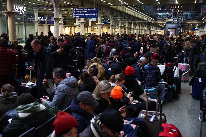 Travelers stranded at St Pancras station in London.