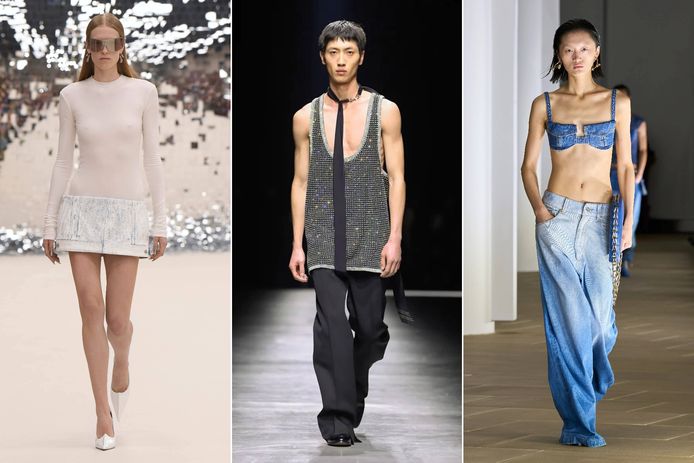From left: Spring 2024 runway shows from Acne Studios, Gucci and Dion Lee.