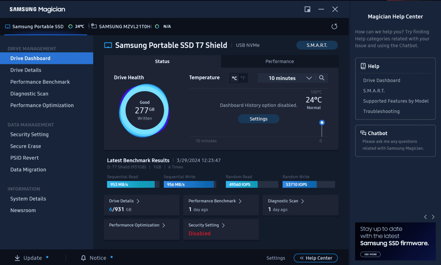 A screenshot of Samsung Magician showing the drive status and temperature of the Samsung T7 Shield SSD, as well as various management and performance optimization options.