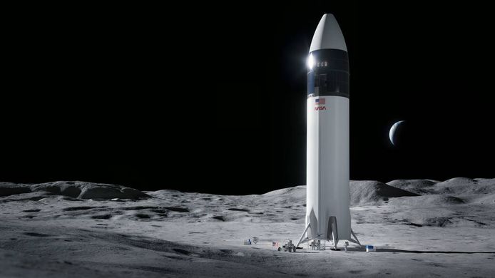 Illustration of the Starship design that will bring NASA astronauts to the lunar surface as part of the Artemis program.