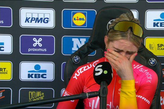 Demi Follering cries after losing the sprint at Omloop Het Nieuwsblad, but not because she finished second