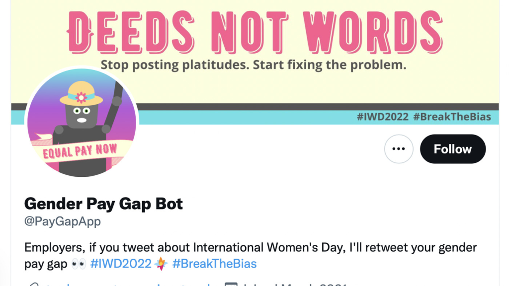 Twitterbot exposes pay gap in companies tweeting about International Women's Day