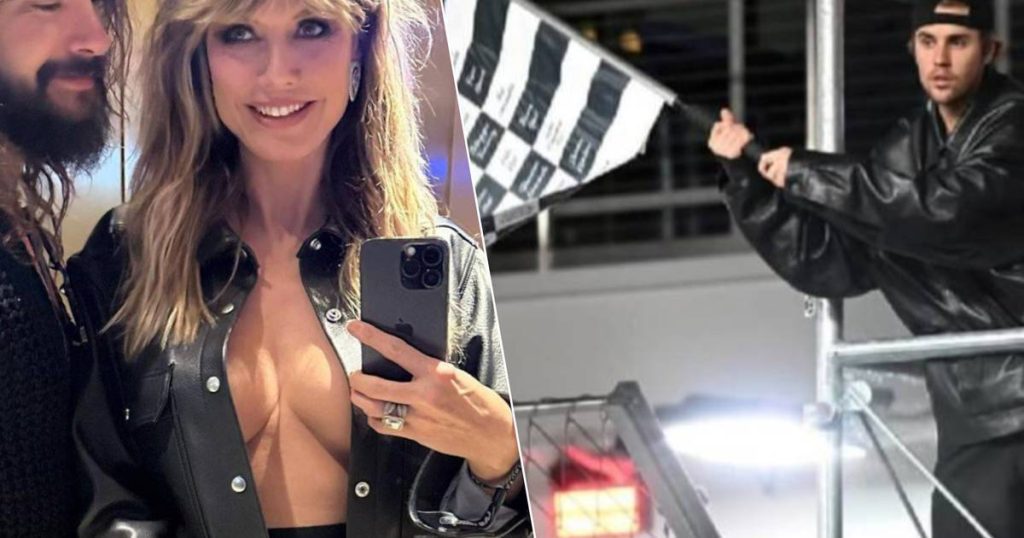 CELEB 24/7.  Heidi Klum appears in an eye-catching outfit during a Formula 1 race, while Justin Bieber waves the checkered flag |  celebrities