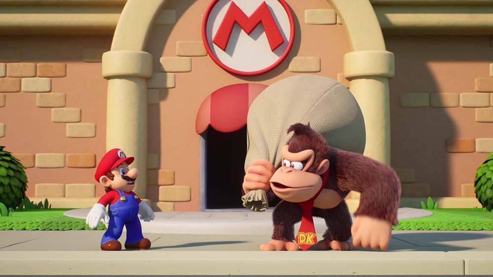 Mario-poppetjes worden gesloten in de kleurrijke animatie openingsvideo van Mario vs. Donkey Kong