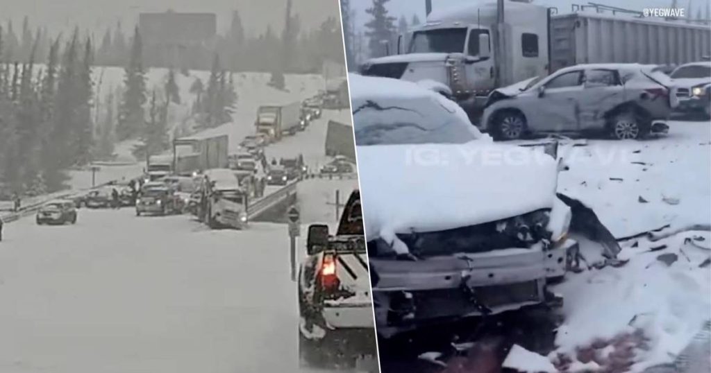 look.  Dozens of cars and trucks crash into each other on a snow-covered highway in Canada: 'Shipwrecks as far as the eye can see' |  outside